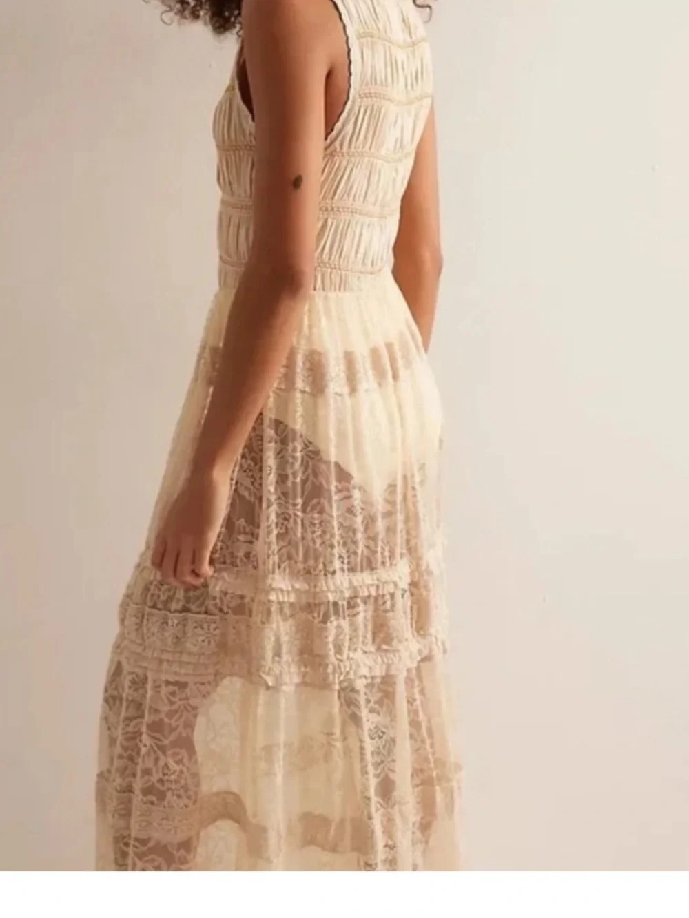 Free People Sweet Saloon Sleeveless Maxi Cream Tan Lace Bodysuit Dress Duster